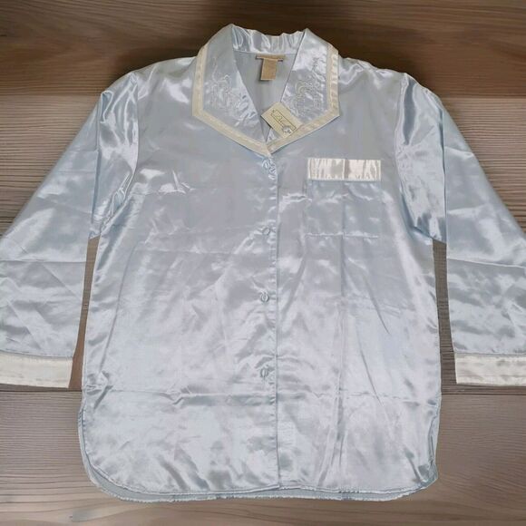 Delicates Satin Blue Pajama Top Comfort Long Sleeve Soft Floral Size Medium - Picture 1 of 12